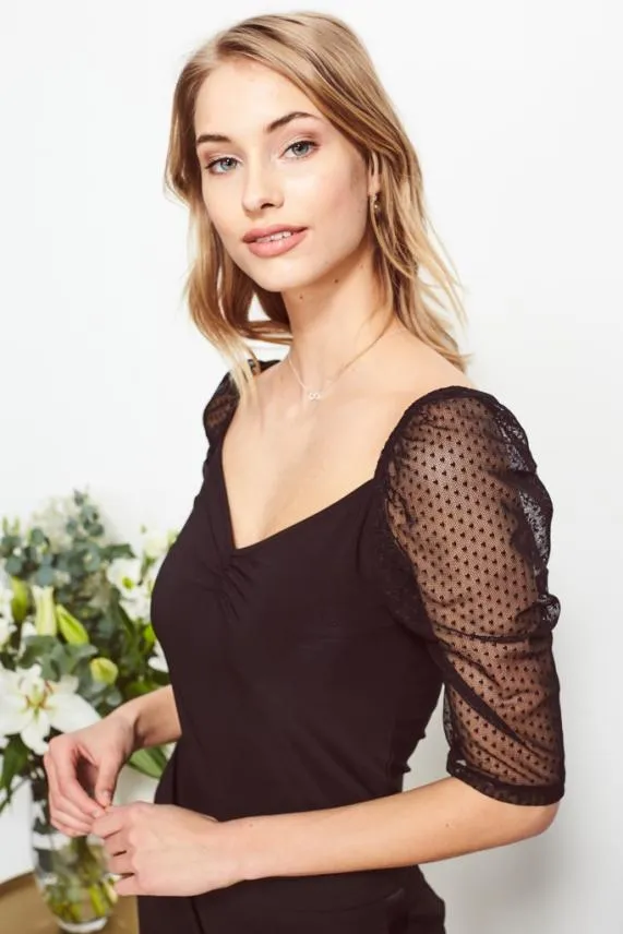 Sosandar Black Woven Spot Organza Sleeve Top Black Women Tops