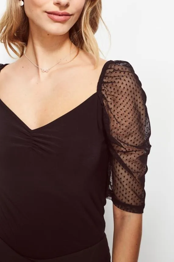 Sosandar Black Woven Spot Organza Sleeve Top Black Women Tops
