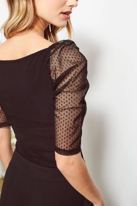 Sosandar Black Woven Spot Organza Sleeve Top Black Women Tops