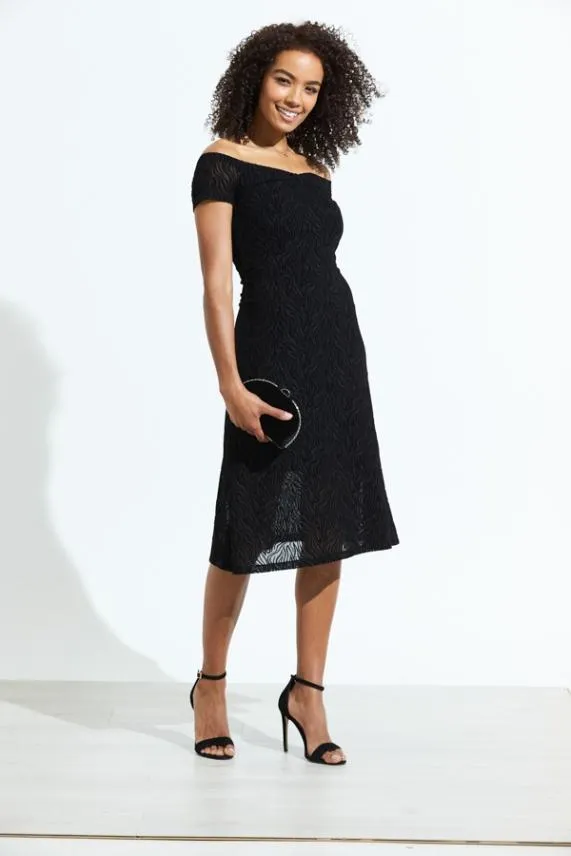 Sosandar Black Zebra Burnout Stretch Bardot Fit and Flare Dress Black Women Dresses