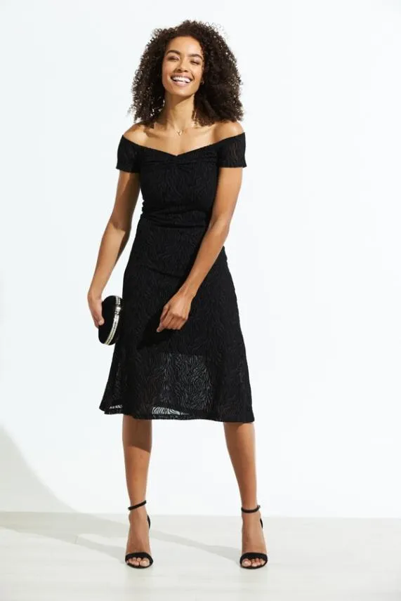 Sosandar Black Zebra Burnout Stretch Bardot Fit and Flare Dress Black Women Dresses