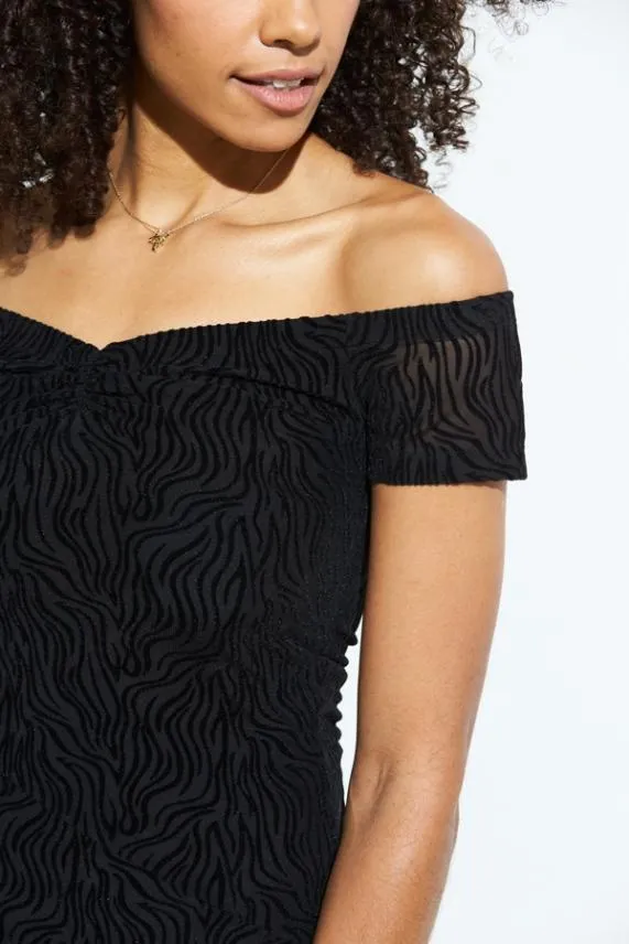 Sosandar Black Zebra Burnout Stretch Bardot Fit and Flare Dress Black Women Dresses