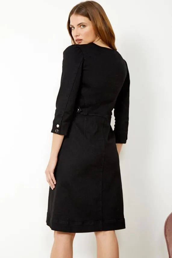 Sosandar Black Zip Front Collarless Denim Dress Black Women Dresses