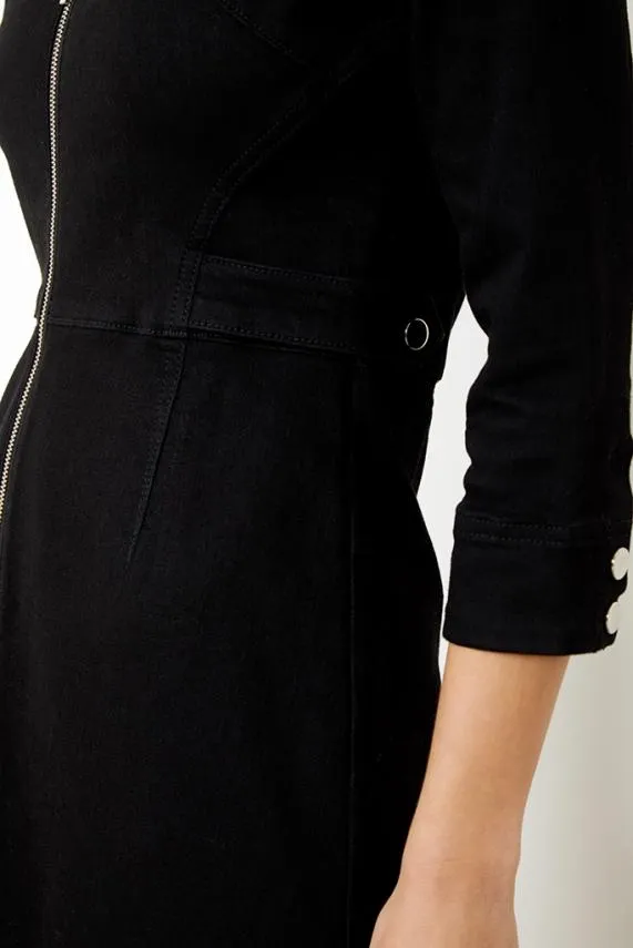 Sosandar Black Zip Front Collarless Denim Dress Black Women Dresses