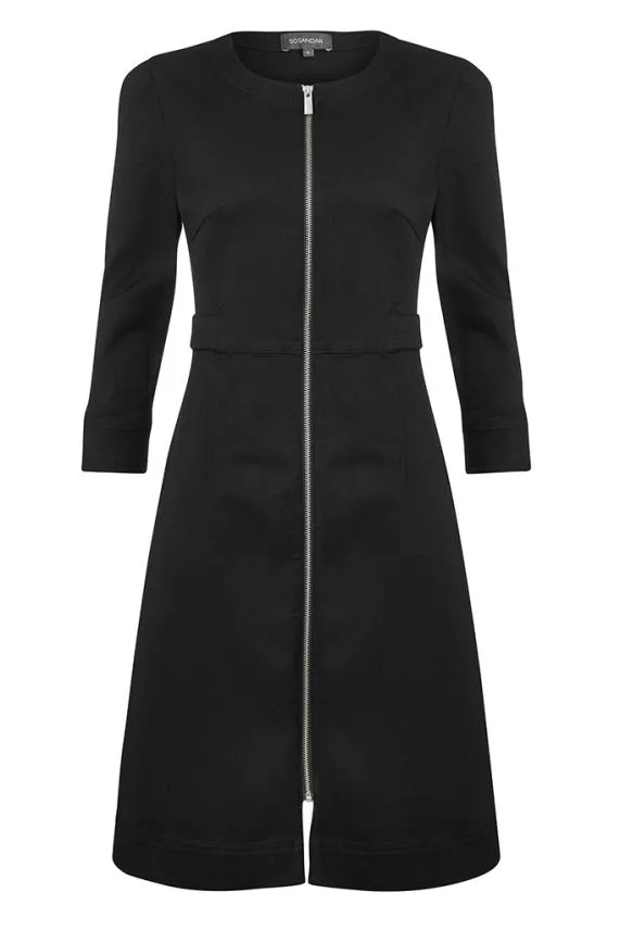 Sosandar Black Zip Front Collarless Denim Dress Black Women Dresses