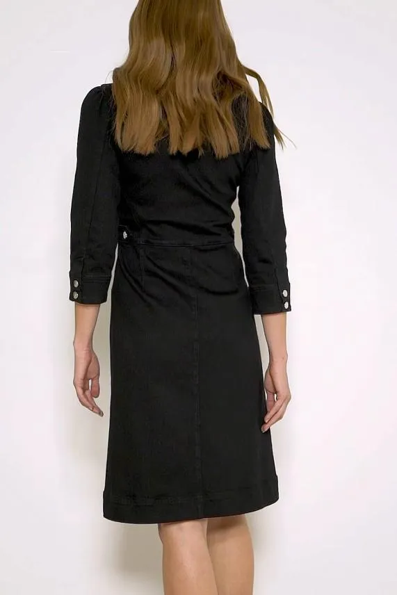 Sosandar Black Zip Front Collarless Denim Dress Black Women Dresses