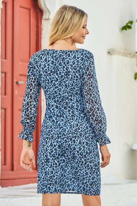 Sosandar Blue and Black Animal Print Fluted Cuff Shift Dress Blue Black Women Dresses
