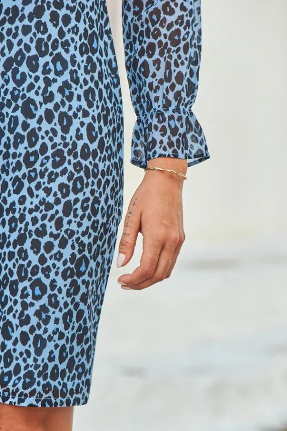 Sosandar Blue and Black Animal Print Fluted Cuff Shift Dress Blue Black Women Dresses
