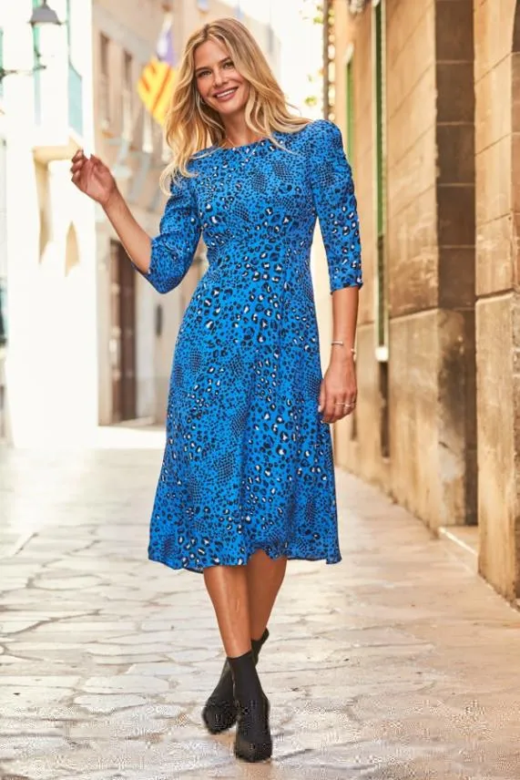 Sosandar Blue and Black Animal Print Ruched Shoulder Midi Dress Blue Black Women Dresses