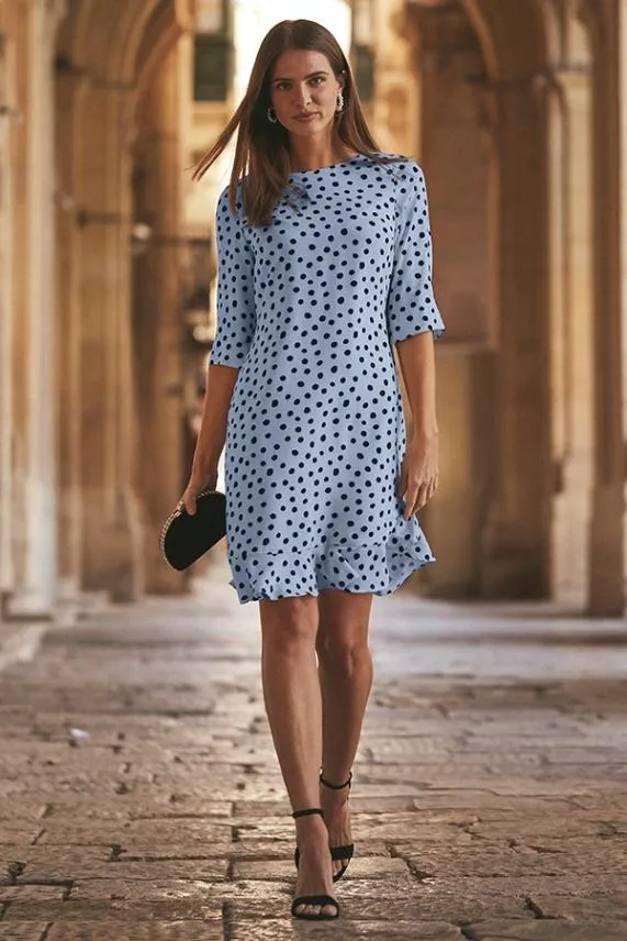 Sosandar Blue and Black Spot Print Ruffle Hem Shift Dress Blue Black Women Dresses