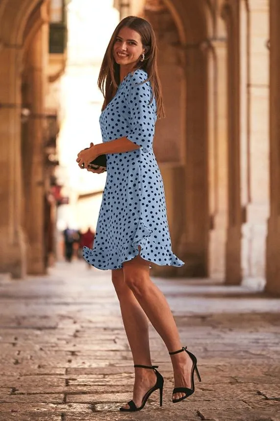 Sosandar Blue and Black Spot Print Ruffle Hem Shift Dress Blue Black Women Dresses