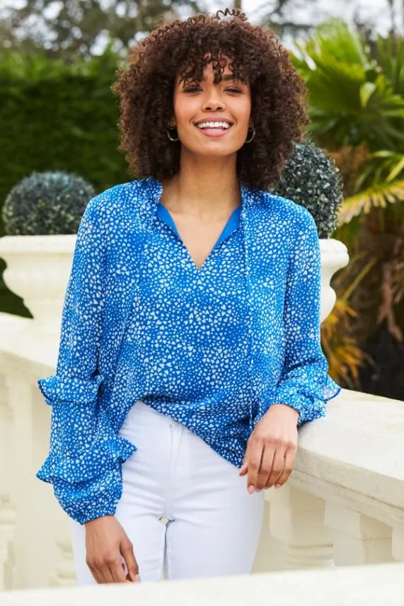 Sosandar Blue and White Heart Print Ruffle Sleeve Top Blue White Women Tops