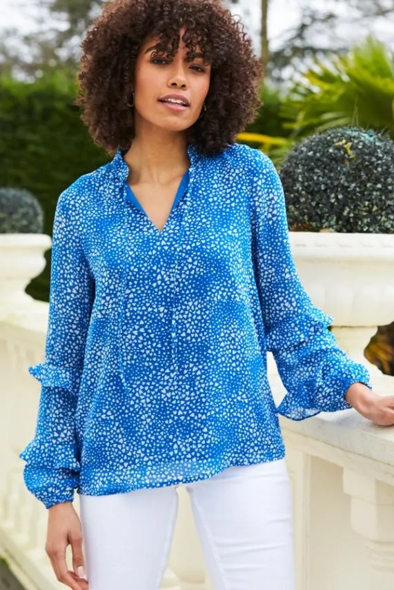 Sosandar Blue and White Heart Print Ruffle Sleeve Top Blue White Women Tops