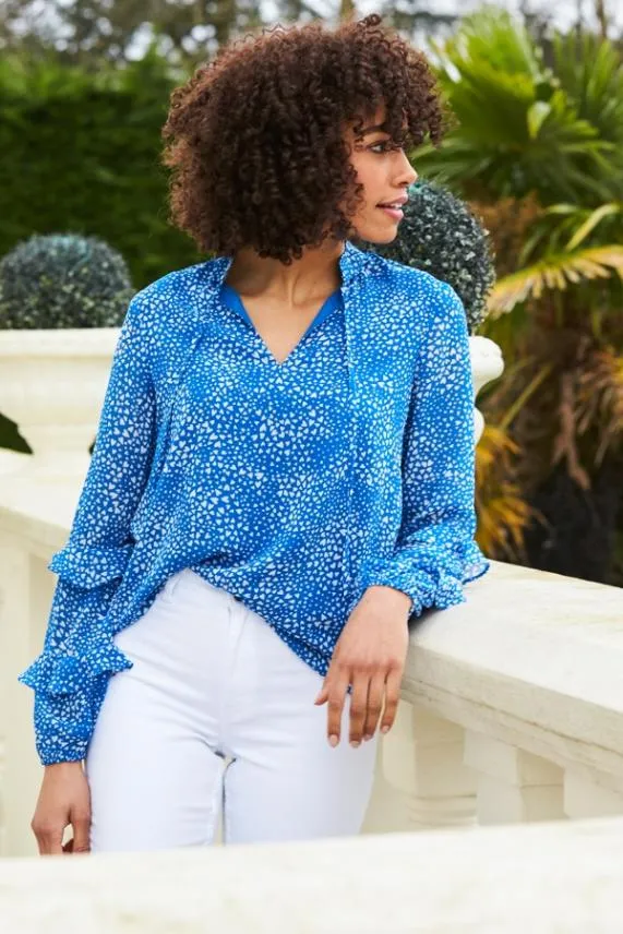 Sosandar Blue and White Heart Print Ruffle Sleeve Top Blue White Women Tops