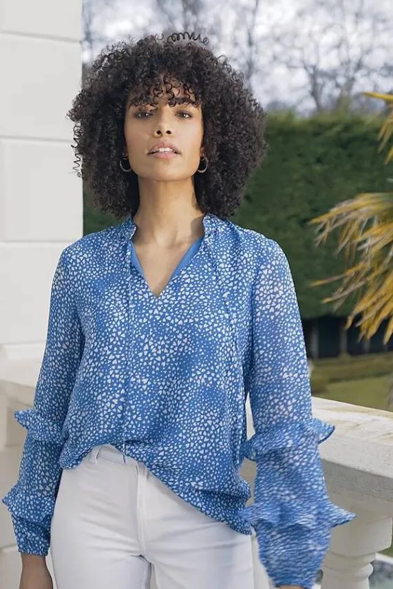 Sosandar Blue and White Heart Print Ruffle Sleeve Top Blue White Women Tops