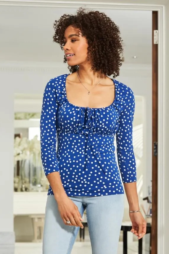 Sosandar Blue and White Spot Print Ruched Neck Top Blue White Women Tops