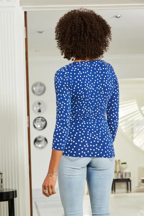 Sosandar Blue and White Spot Print Ruched Neck Top Blue White Women Tops