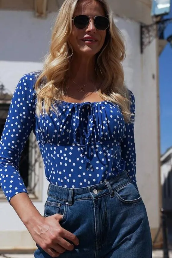 Sosandar Blue and White Spot Print Ruched Neck Top Blue White Women Tops