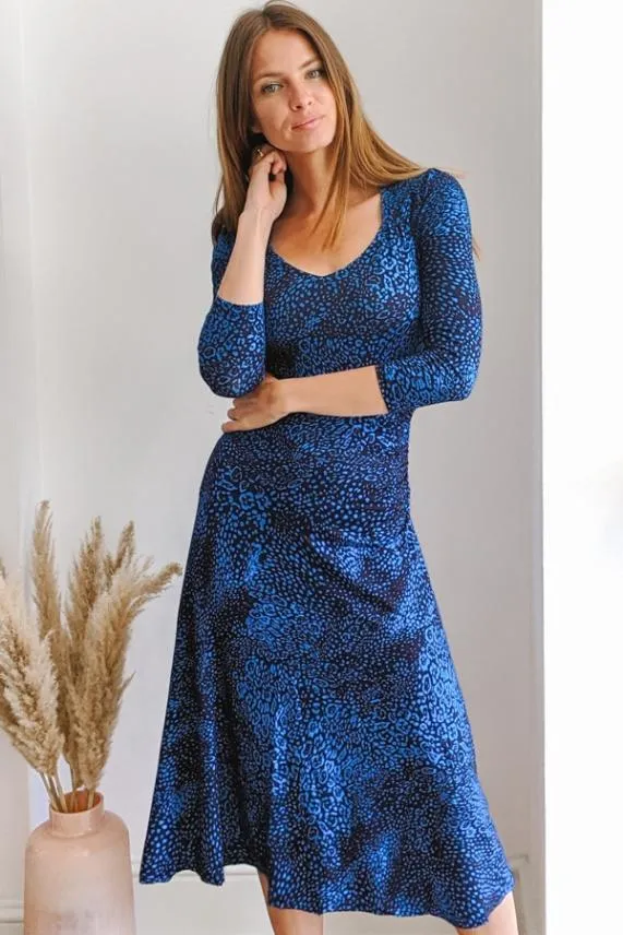 Sosandar Blue Animal Print Sweetheart Neckline Midi Dress Blue Women Dresses