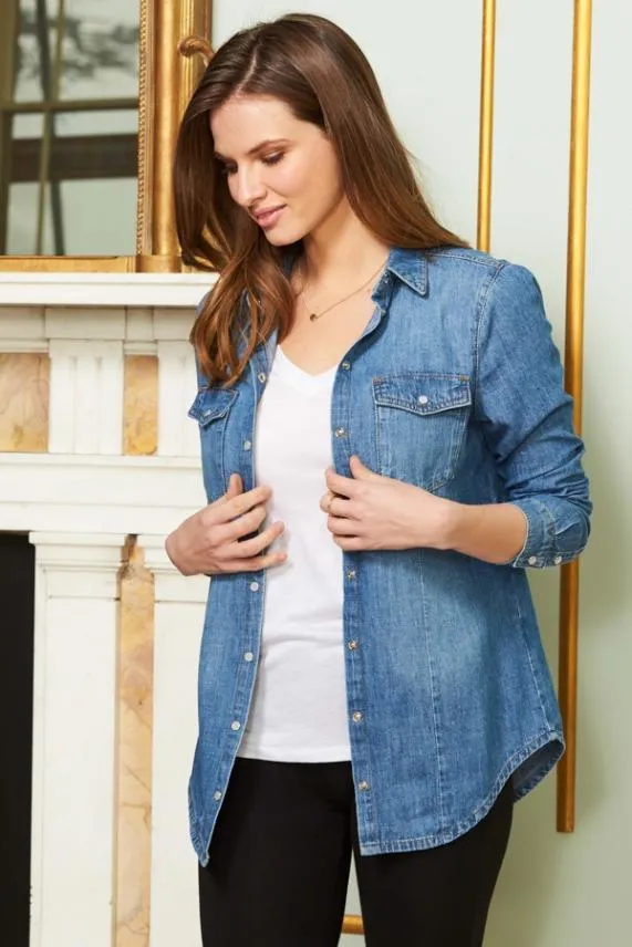 Sosandar Blue Denim Relaxed Fit Popper Front Shirt Blue Women Tops