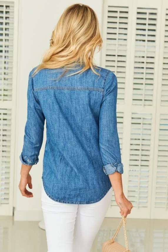 Sosandar Blue Denim Relaxed Fit Popper Front Shirt Blue Women Tops