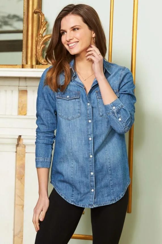 Sosandar Blue Denim Relaxed Fit Popper Front Shirt Blue Women Tops