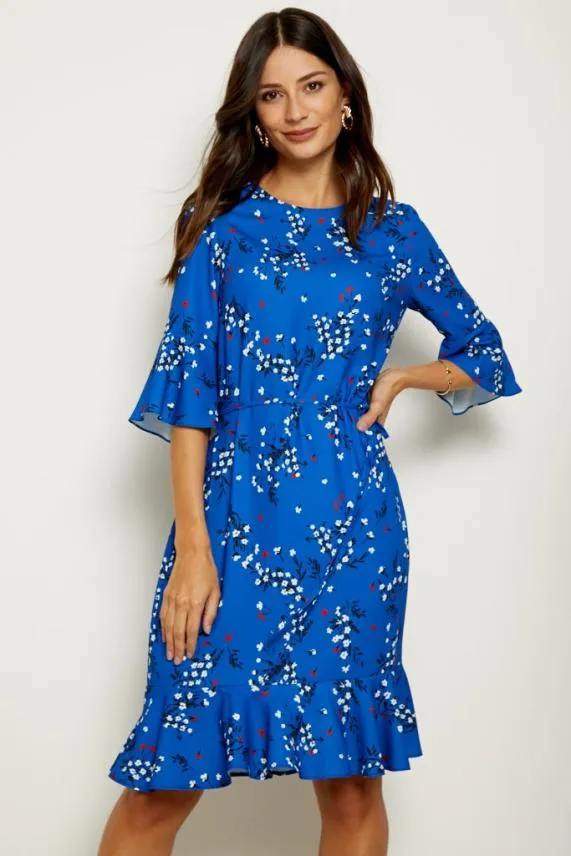Sosandar Blue Floral Print Ruffle Hem Dress Blue Women Dresses