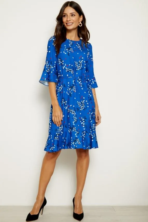 Sosandar Blue Floral Print Ruffle Hem Dress Blue Women Dresses