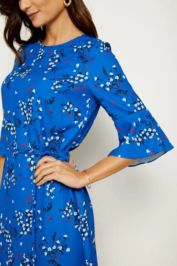 Sosandar Blue Floral Print Ruffle Hem Dress Blue Women Dresses