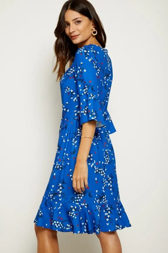 Sosandar Blue Floral Print Ruffle Hem Dress Blue Women Dresses