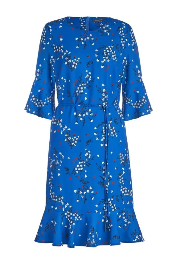Sosandar Blue Floral Print Ruffle Hem Dress Blue Women Dresses