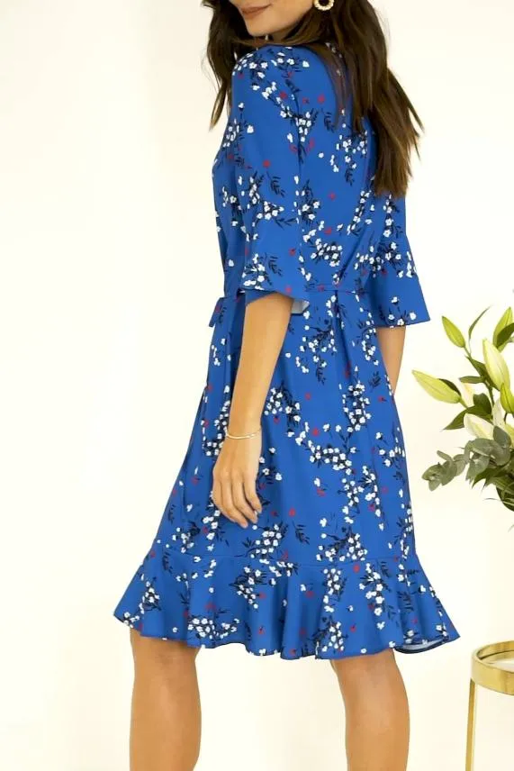 Sosandar Blue Floral Print Ruffle Hem Dress Blue Women Dresses