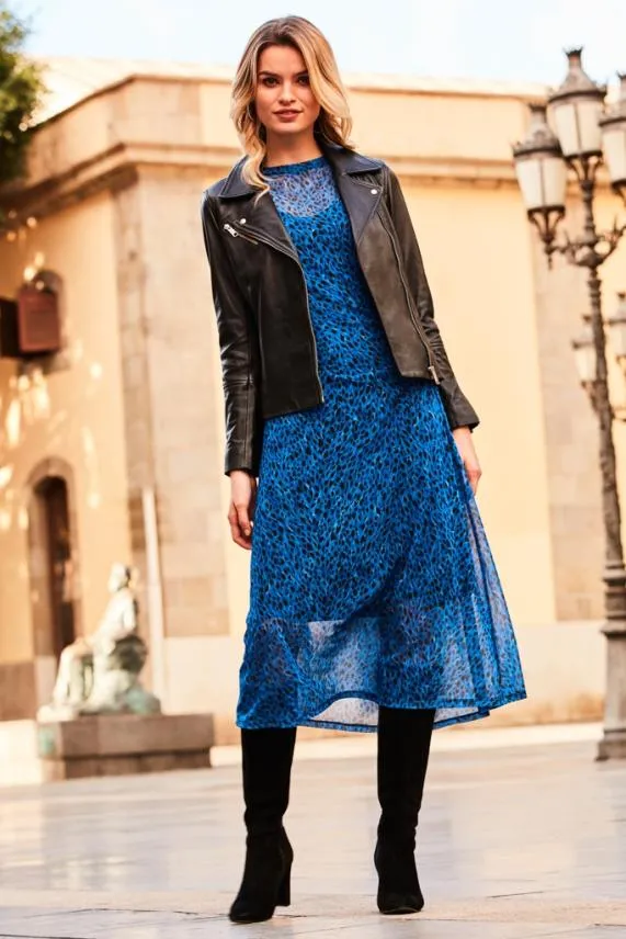 Sosandar Blue Leopard Print Mesh Dress Blue Women Dresses