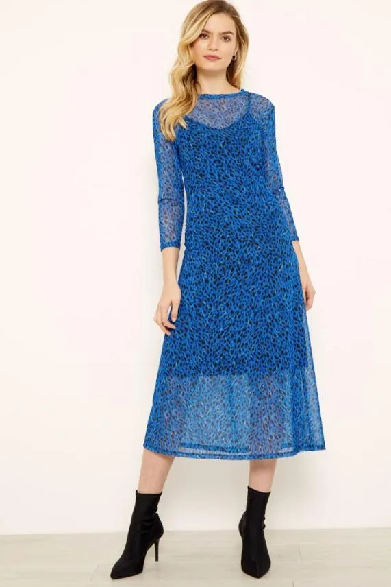 Sosandar Blue Leopard Print Mesh Dress Blue Women Dresses