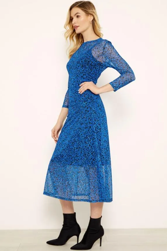 Sosandar Blue Leopard Print Mesh Dress Blue Women Dresses