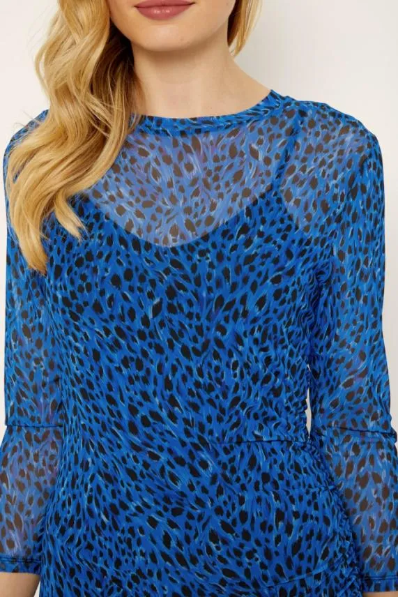 Sosandar Blue Leopard Print Mesh Dress Blue Women Dresses