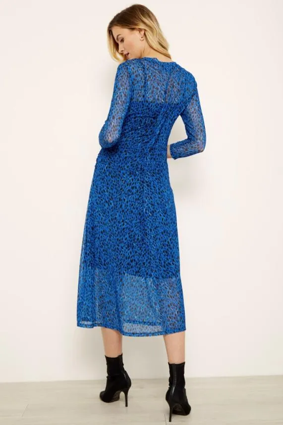 Sosandar Blue Leopard Print Mesh Dress Blue Women Dresses