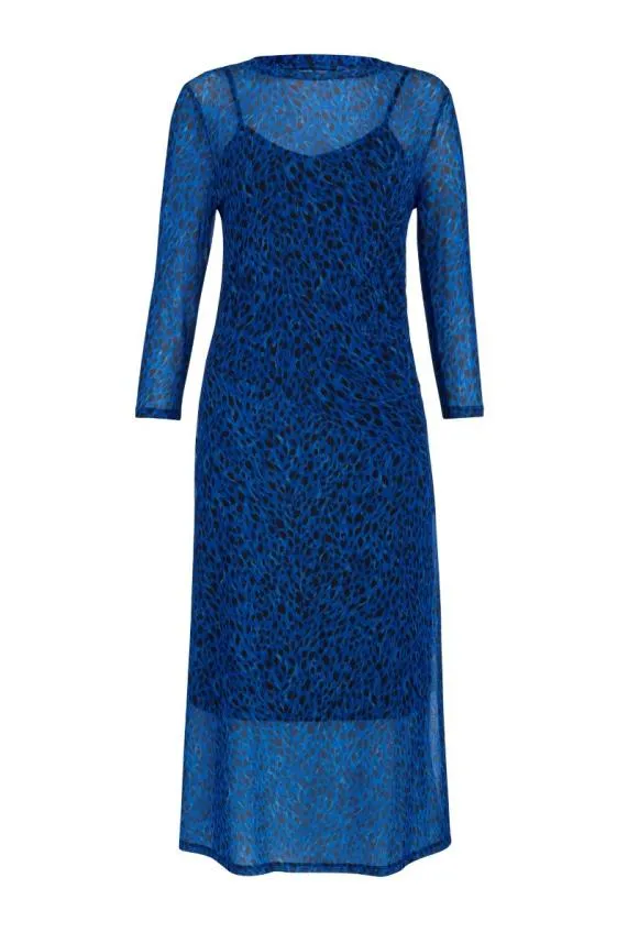 Sosandar Blue Leopard Print Mesh Dress Blue Women Dresses
