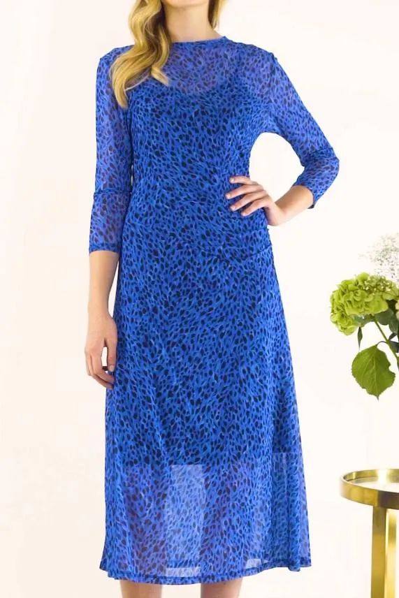 Sosandar Blue Leopard Print Mesh Dress Blue Women Dresses