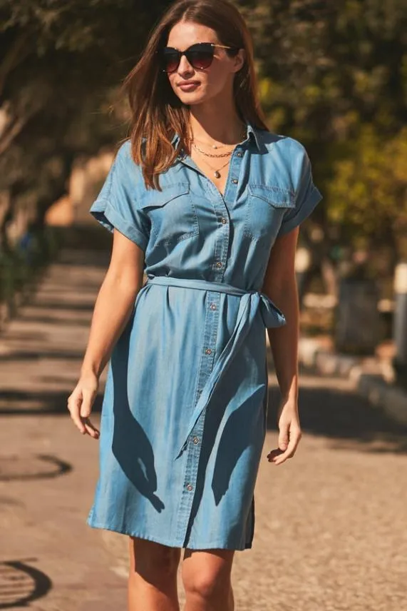 Sosandar Blue Short Sleeve Belted Shirt Dress Blue Women Dresses