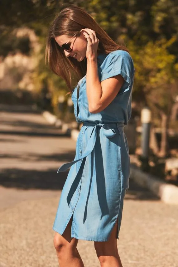 Sosandar Blue Short Sleeve Belted Shirt Dress Blue Women Dresses