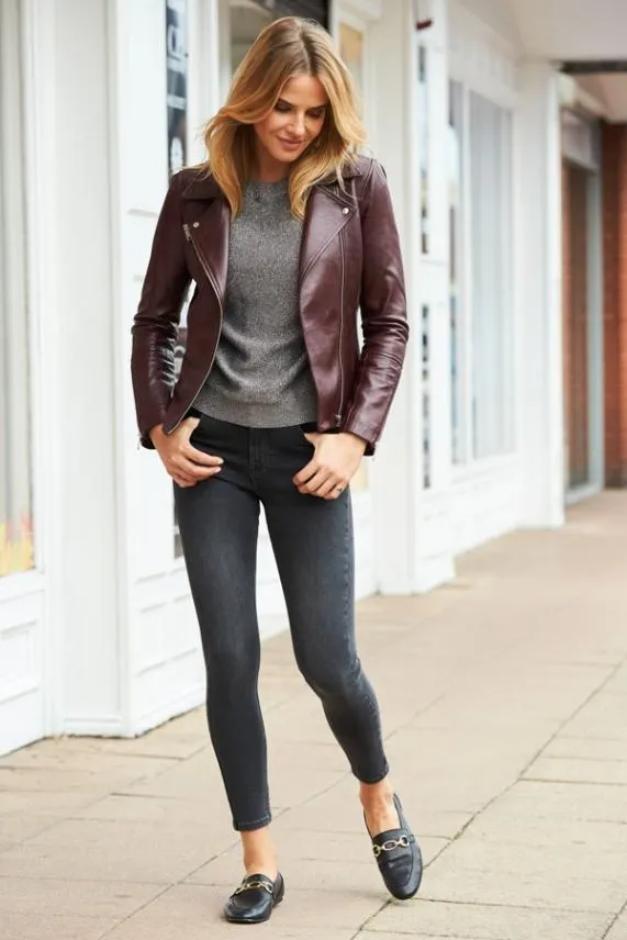 Sosandar Burgundy Leather Biker Jacket Burgundy Women Jackets and Coats