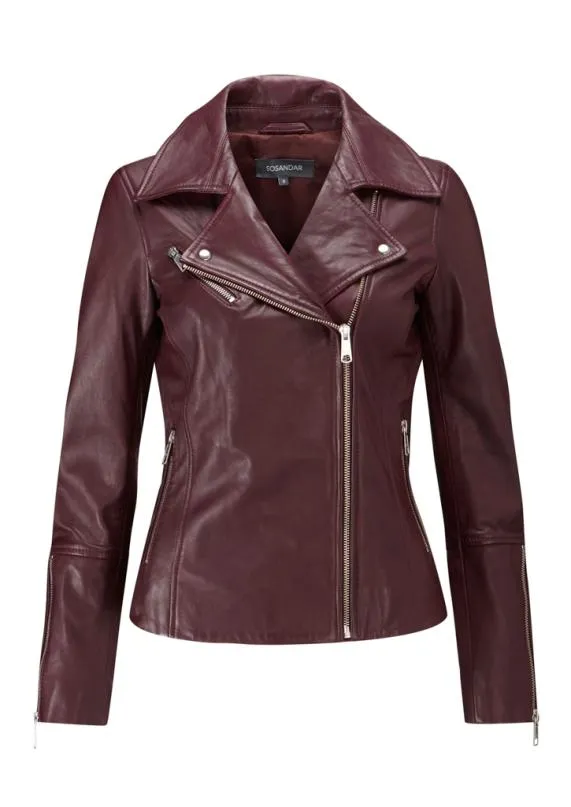 Sosandar Burgundy Leather Biker Jacket Burgundy Women Jackets and Coats