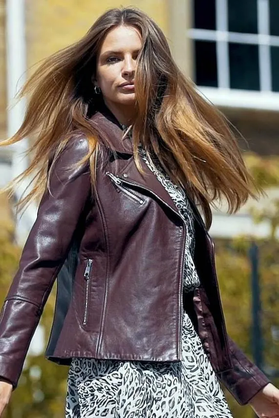 Sosandar Burgundy Leather Biker Jacket Burgundy Women Jackets and Coats