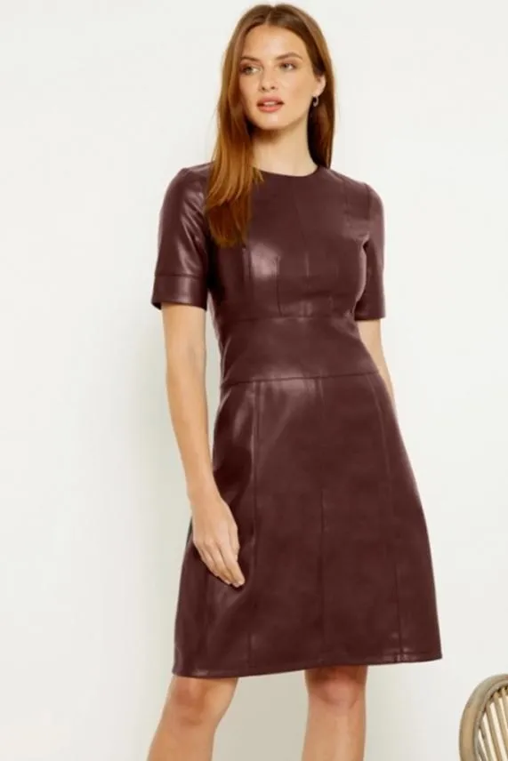 Sosandar Burgundy Leather Look Panelled Shift Dress Burgundy Women Dresses