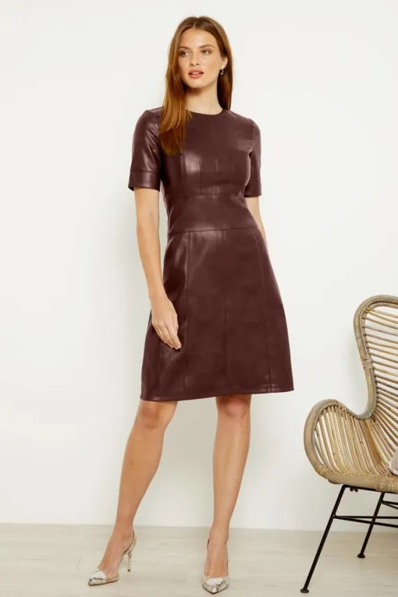 Sosandar Burgundy Leather Look Panelled Shift Dress Burgundy Women Dresses