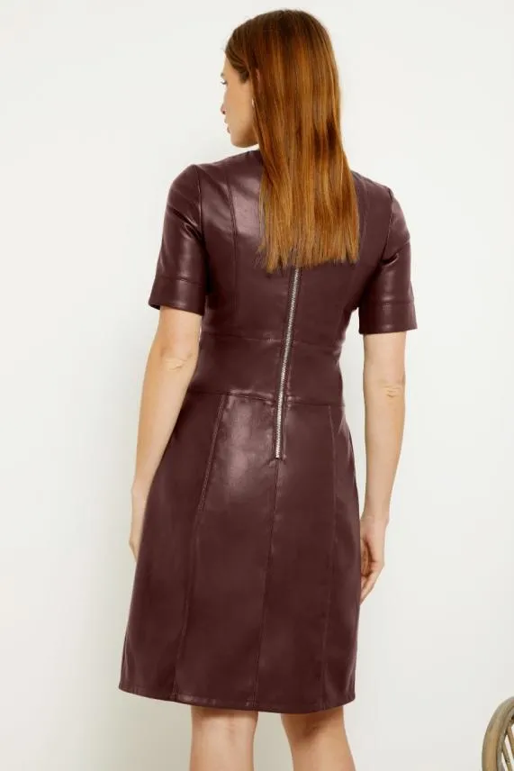 Sosandar Burgundy Leather Look Panelled Shift Dress Burgundy Women Dresses