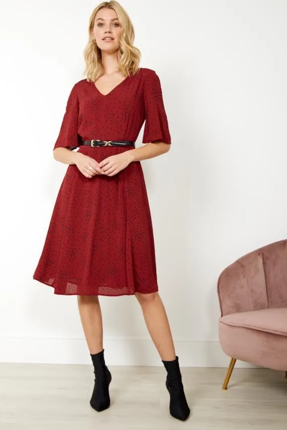 Sosandar Burgundy Spot Print V Neck Dress Burgundy Women Dresses