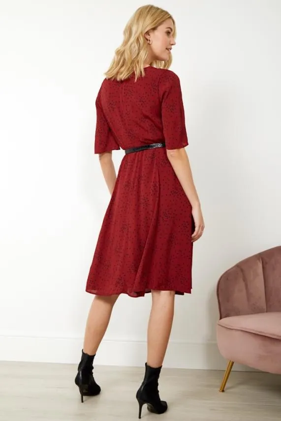 Sosandar Burgundy Spot Print V Neck Dress Burgundy Women Dresses
