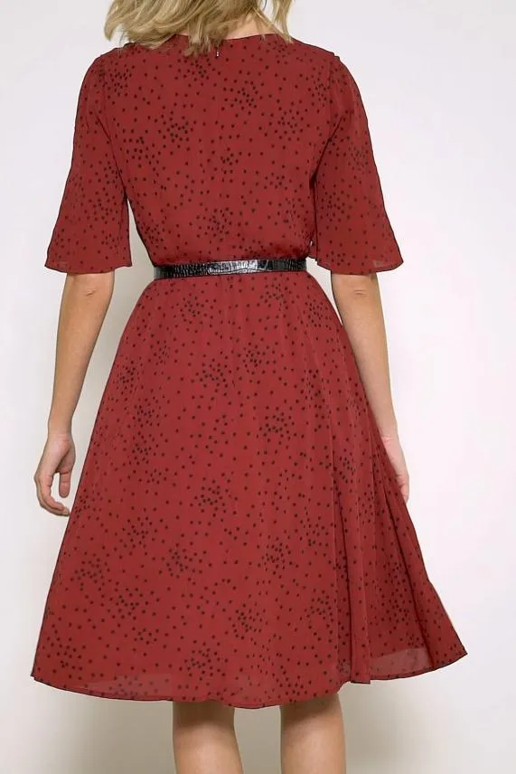 Sosandar Burgundy Spot Print V Neck Dress Burgundy Women Dresses